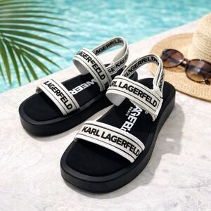 NWOB Karl Lagerfeld Olek Strap Sandals Black White Logo Comfort Slides
